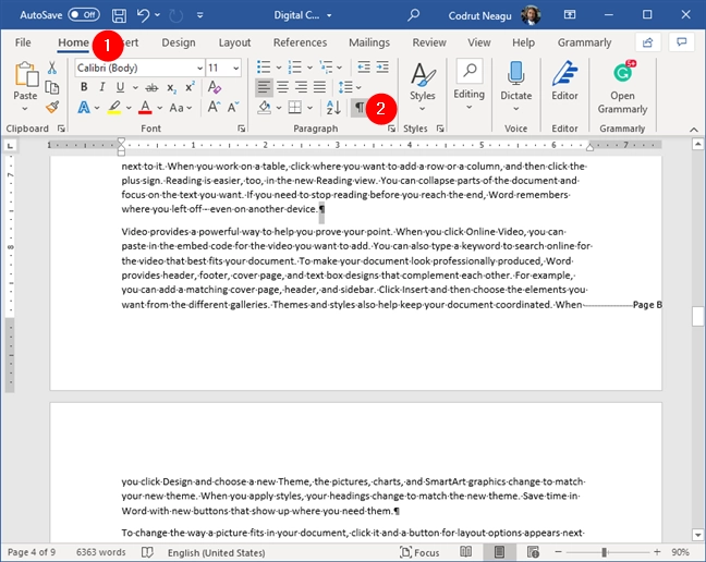 Enabling the Show/Hide feature by pressing the pilcrow symbol button