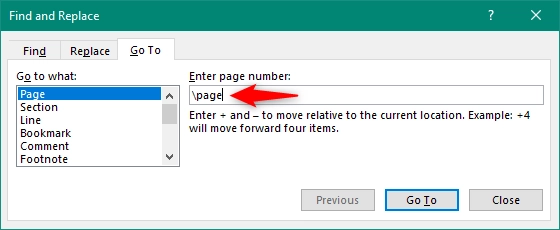 Enter \page in the Find and Replace window