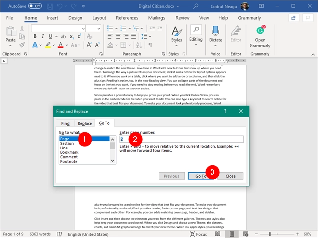 Going to the first page to delete, in Word