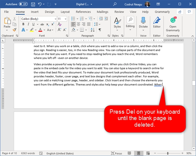 Deleting a blank page in Word