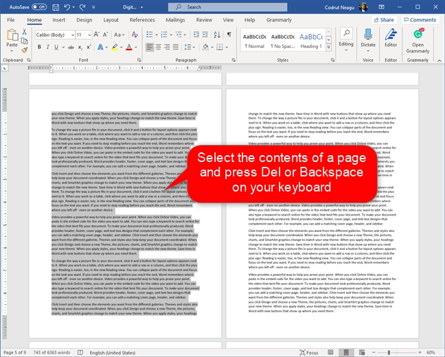 Select the content of a Word page and delete it