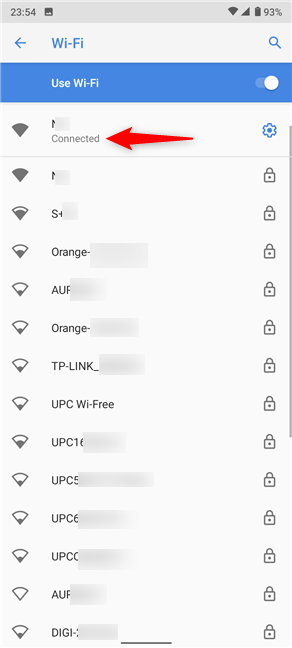 The active network is displayed in the Android Wi-Fi settings