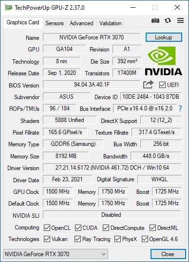 ASUS Turbo GeForce RTX 3070: Details in GPU-Z