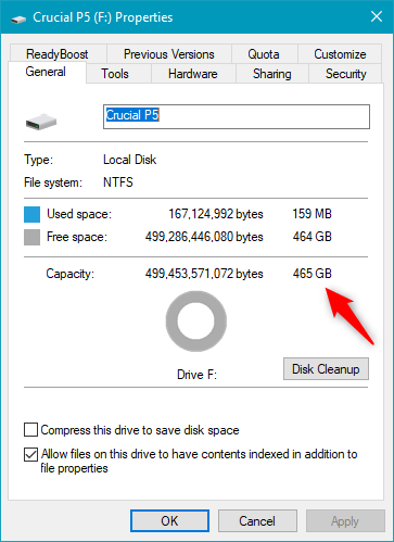 Details about the Crucial P5 SSD, as shown by Windows 10