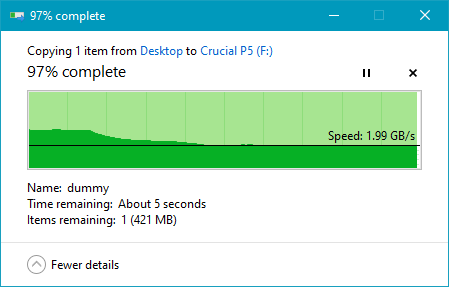 Copying a large file on the Crucial P5 1 TB M.2 NVMe PCIe SSD