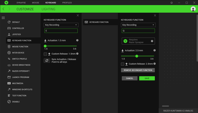 Changing the actions and actuation points for a key