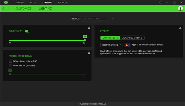 Razer Synapse: Lighting options