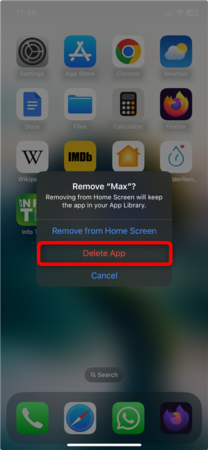 Press Delete App to remove the app from iOS