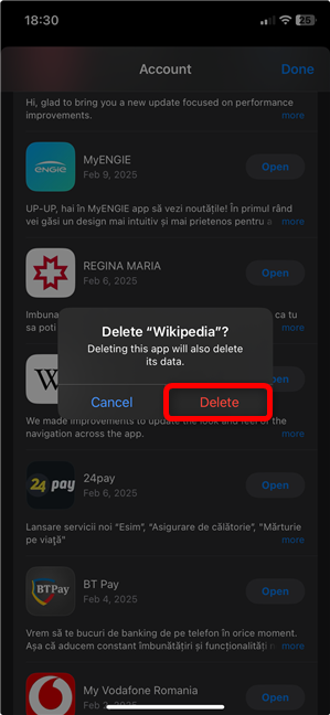 Confirm your choice by pressing Delete App