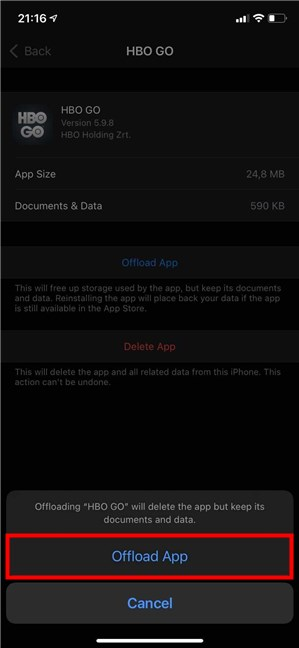 Confirm offloading the app on iPhone or iPad