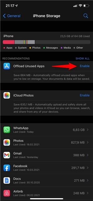 Enable the Offload Unused Apps option
