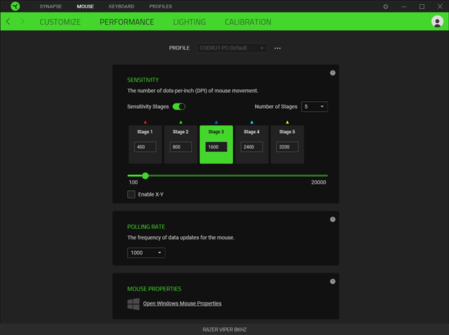 Adjusting the performance settings of the Razer Viper 8KHz