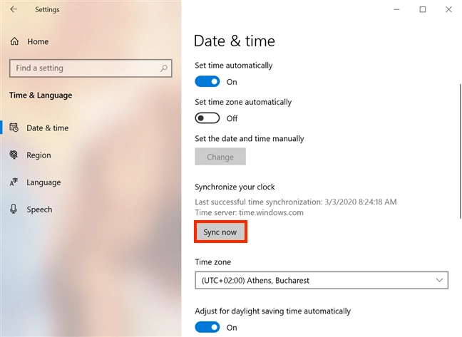 Press Sync now to synchronize your time and date