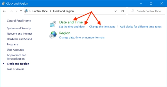 Press any link to open the Date and Time window