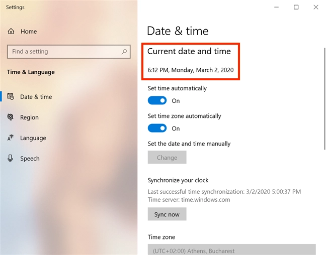 The Date & time settings in Windows 10