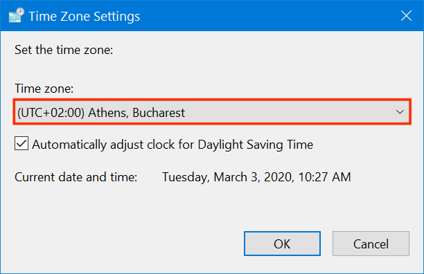 Press on the field to choose another time zone