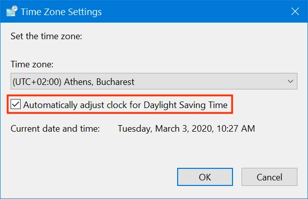 Windows 10 adjusts your clock for Daylight Saving Time