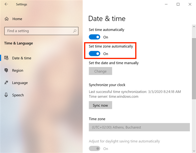 The Set time zone automatically switch is on