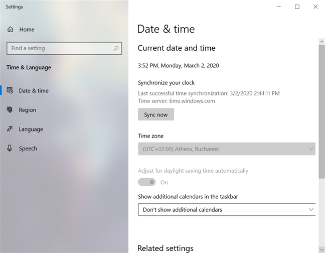 The settings for Date & time are limited and greyed out on a standard user account