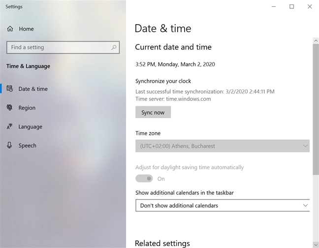 The settings for Date & time are limited and greyed out on a standard user account