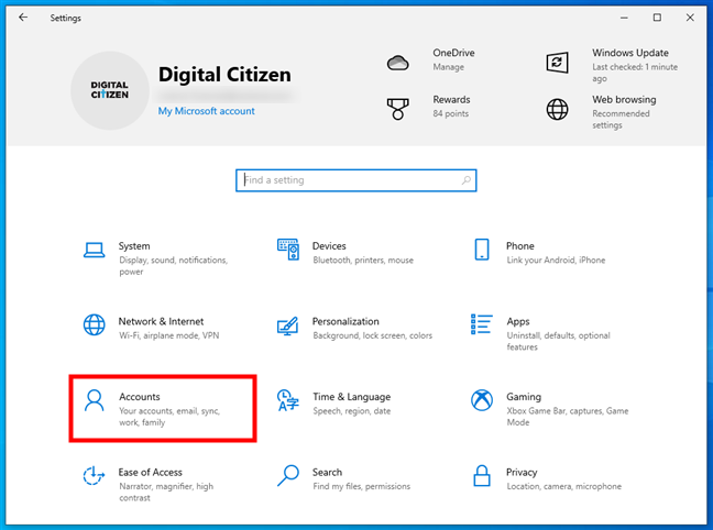 Go to Accounts in Windows 10's Settings
