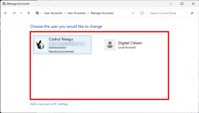 Control Panel shows the list of users on a Windows computer