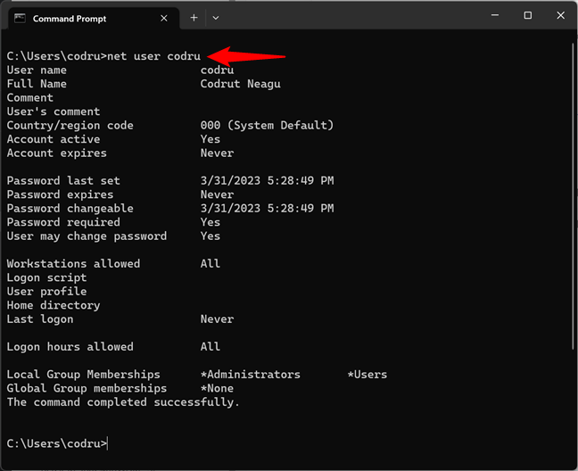 Getting details about a user account in CMD, using the net user command