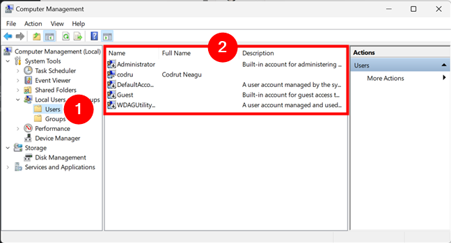 Windows list of users displayed in Computer Management