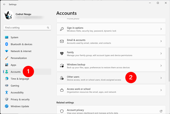 Head to Other users in Settings' Accounts section