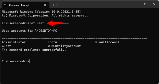 Run net user to make Windows CMD show users
