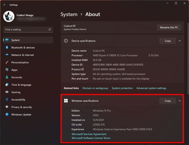 Windows specifications in the Settings app