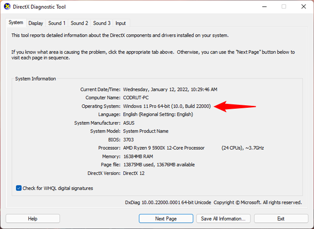 Operating System information in DirectX Diagnostic Tool