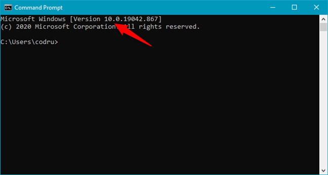 Windows 10 is shown as Version 10 and build number below 22000 in Command Prompt