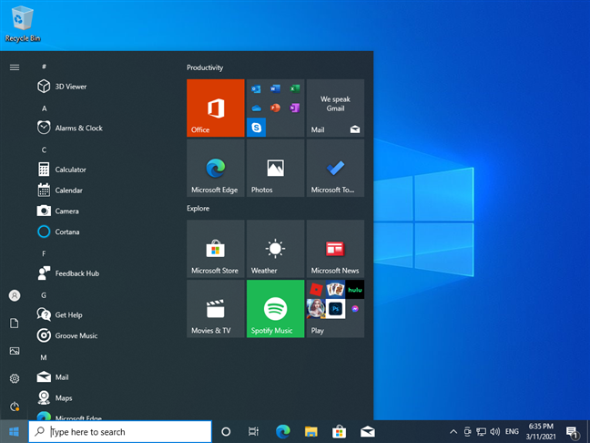 Windows 10 desktop and Start Menu