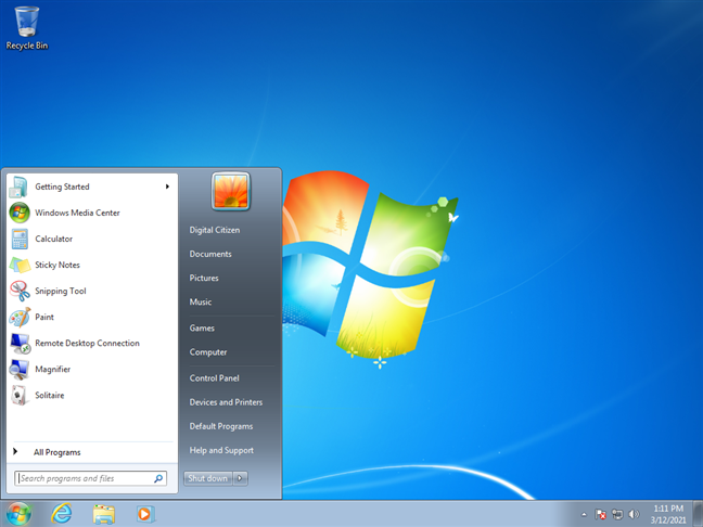Windows 7 desktop and Start Menu