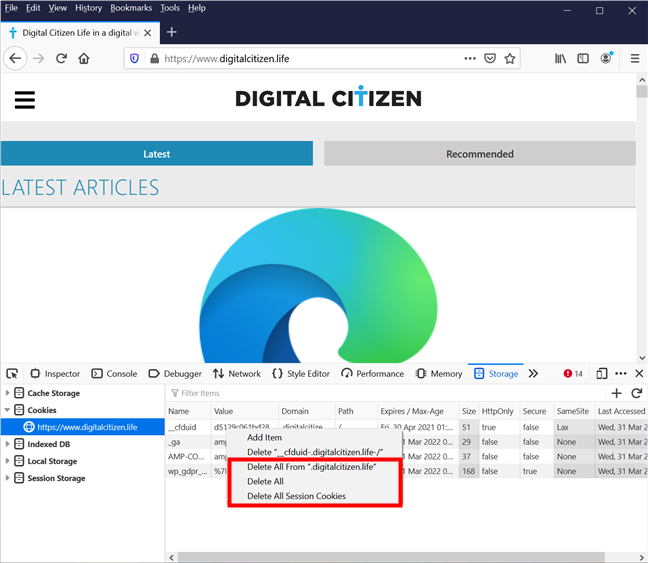 Choose one of the other three Firefox delete cookies options from the Developer Tools