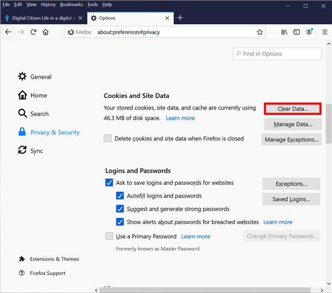 Clear cookies and site data in Firefox for Fire TV