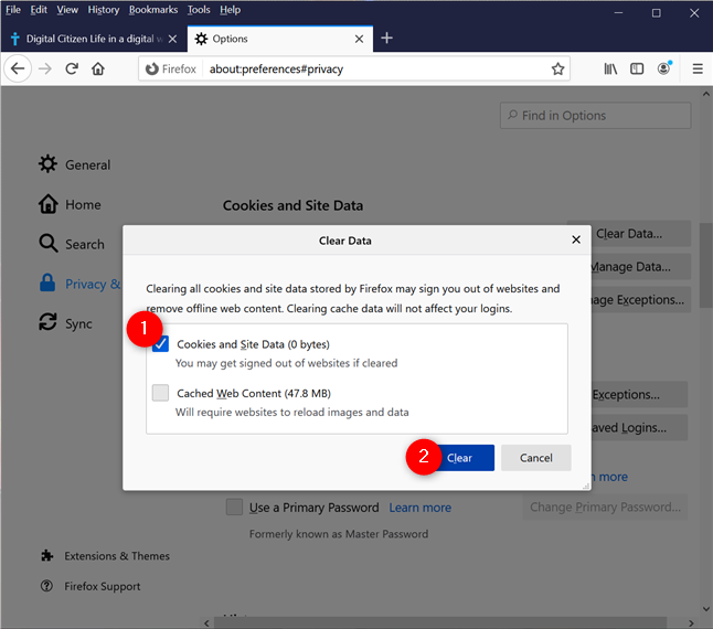 Clear Cookies and Site Data in Firefox