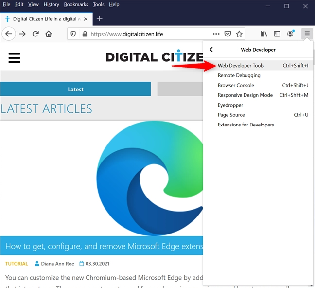 Access the Web Developer Tools to view cookies in Firefox