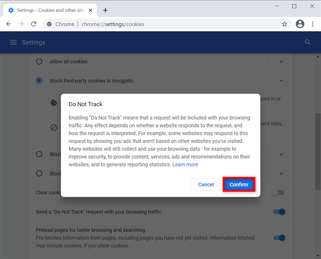 Confirm to enable the Google Chrome Do Not Track