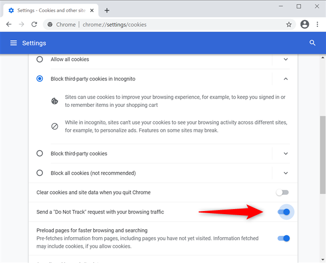 The Google Chrome Do Not Track switch is enabled