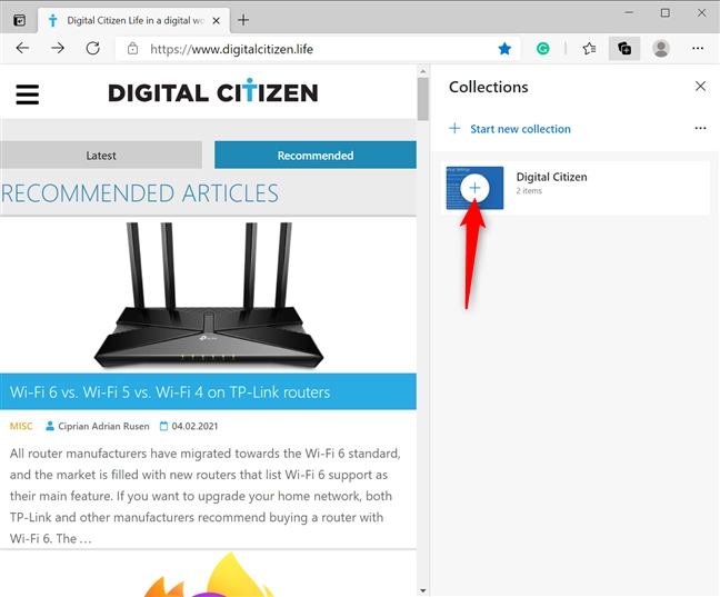 Press the plus sign to add the current page to a collection
