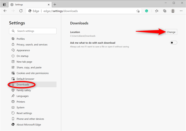 Change the Microsoft Edge default download location
