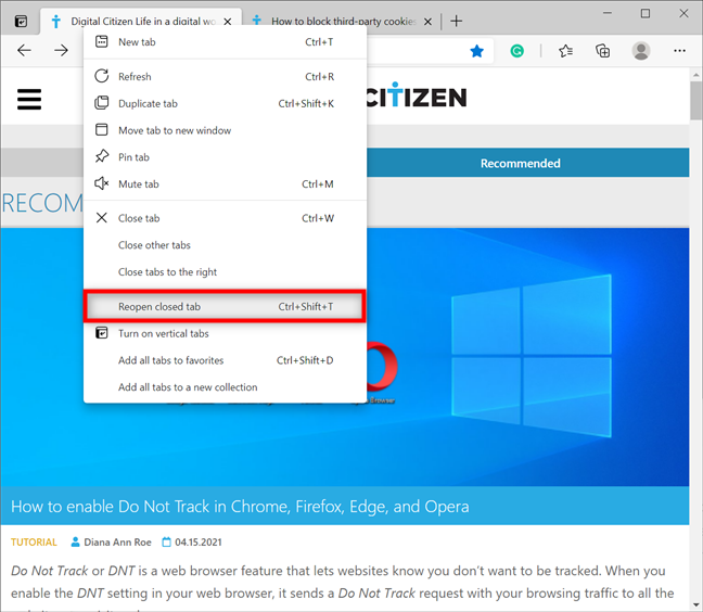 Reopening a closed tab in Microsoft Edge