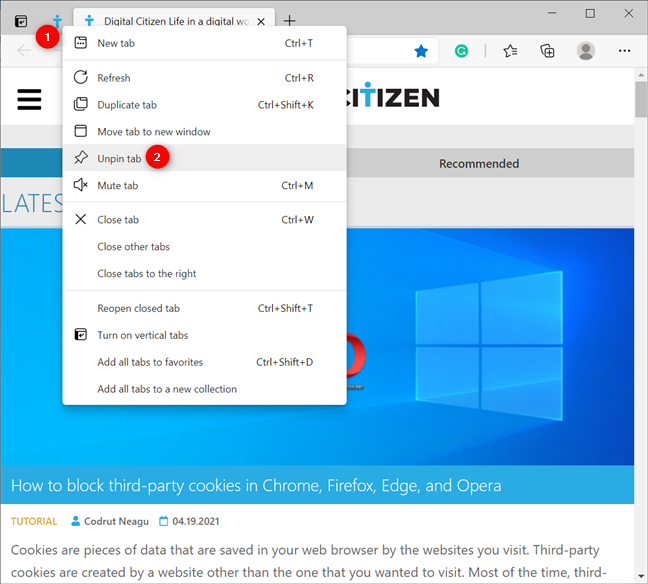 Unpin tabs from Microsoft Edge