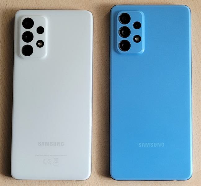 Samsung Galaxy A52 5G (white) and Galaxy A72 (blue)