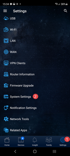 In the ASUS Router app, go to Settings followed by System Settings