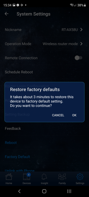 Confirm that you want to reset your ASUS router