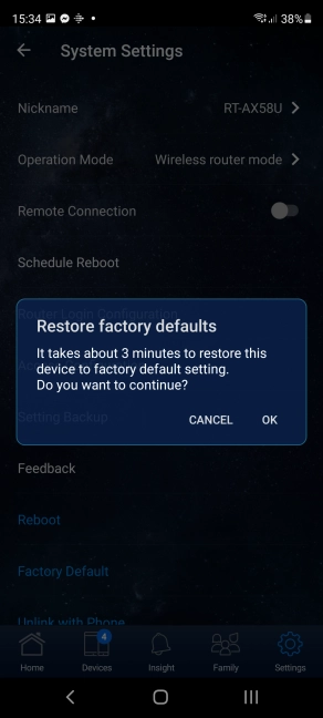 Confirm that you want to reset your ASUS router
