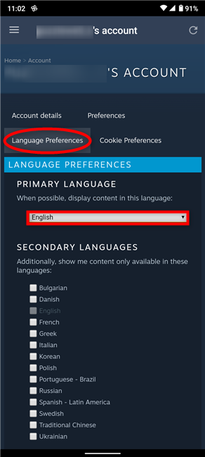 Tap on the current language to change it